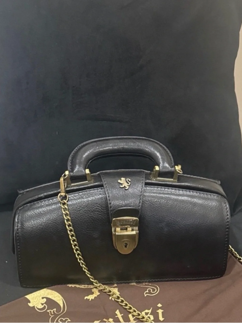 Black Leather Structured Crossbody Bag with Gold Hardware - Picture 1 of 2